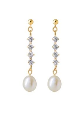 Gold and White Pearl Drop Earrings with Crystal Chain